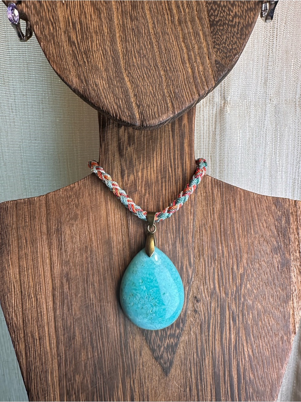 Handcrafted Green Coral Fossil Teardrop Pendant Necklace on Multicolor Rope - Picture 12 of 15